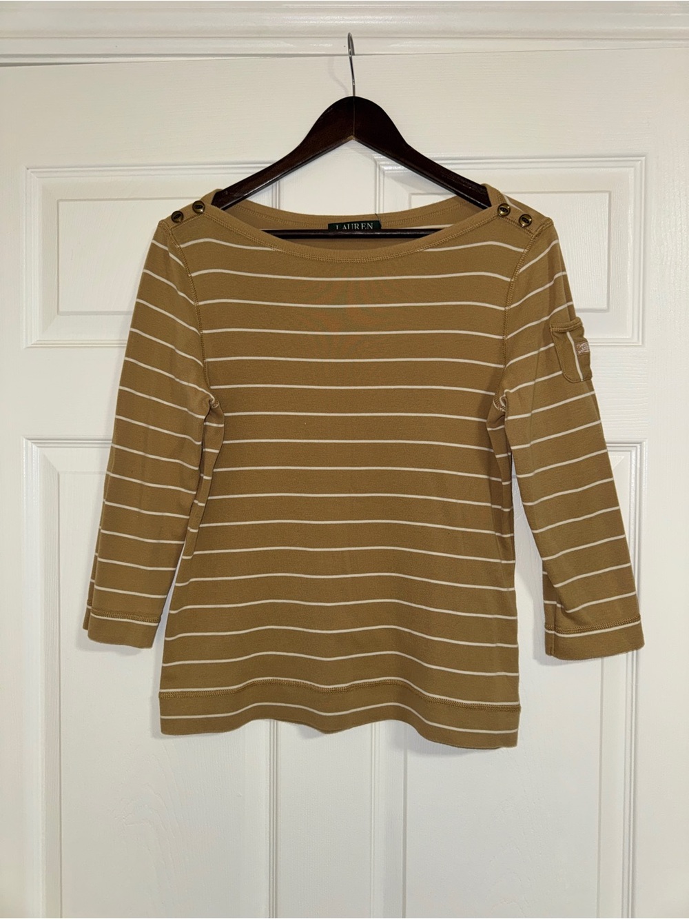 Ralph Lauren Camel White Striped Boatneck Top Button Shoulder Knit Size M